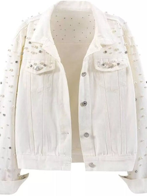 White pearl-style embellished denim jacket displayed flat