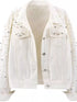White pearl-style embellished denim jacket displayed flat
