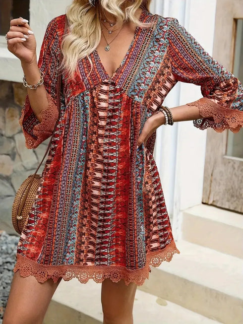 Lace Trim Printed V-Neck 3/4 Sleeve Dress - Twice The Charm Boutique