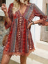 Lace Trim Printed V-Neck 3/4 Sleeve Dress - Twice The Charm Boutique