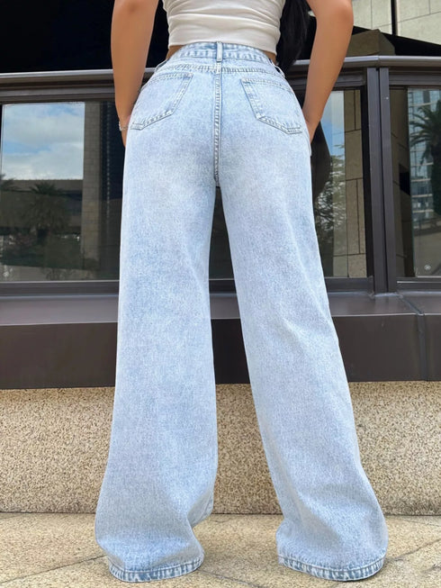 Back view of light blue wide-leg jeans showing rear pockets