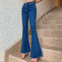 Dark blue high-waisted flare jeans, front view on model