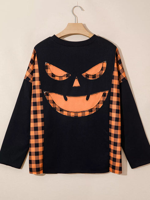 Women's Halloween Pumpkin Top - Plaid Patchwork Face - Twice The Charm Boutique