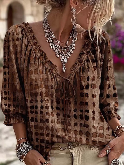 Women's Tie-Neck Ruffle Blouse - 3/4 Sleeve S-3XL - Twice The Charm Boutique