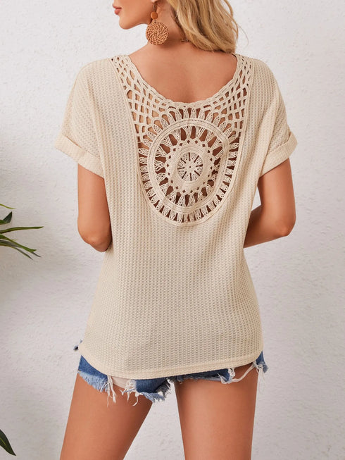 Khaki Waffle Knit Crochet Back Short Sleeve Top - Twice The Charm Boutique