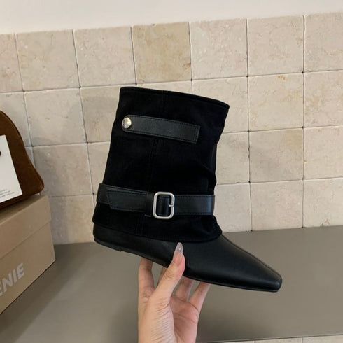 Black buckle-strap pointed-toe boot, side view