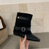 Black buckle-strap pointed-toe boot, side view