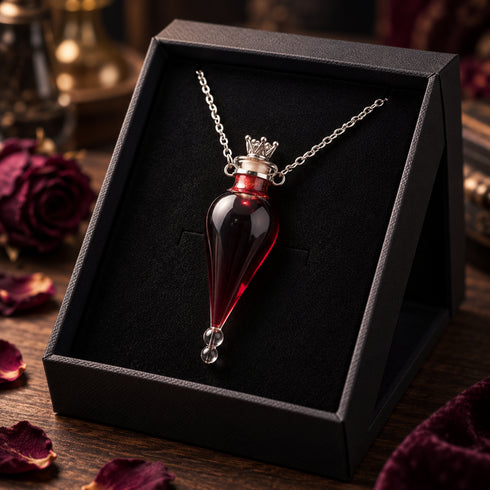 Glass blood-red vial pendant necklace with crown-style silver-tone detail; display box not included