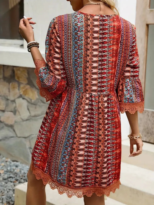 Lace Trim Printed V-Neck 3/4 Sleeve Dress - Twice The Charm Boutique
