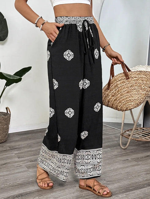Black Printed Wide Leg Drawstring Pants - Twice The Charm Boutique