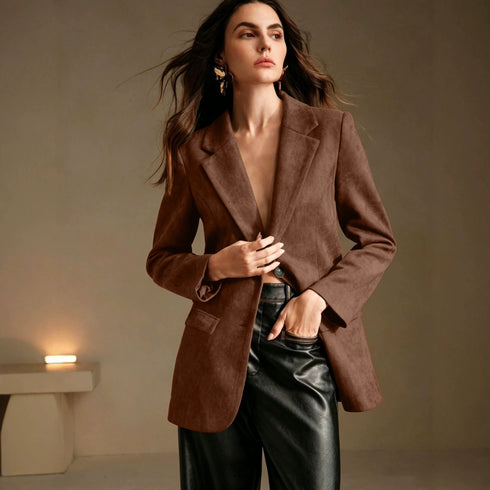 Brown brushed-finish blazer with long sleeves and flap pockets