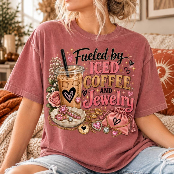 Fueled by Iced Coffee & Jewelry Graphic T-Shirt