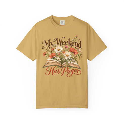My Weekend Has Pages Comfort Colors tee in Mustard, front view with open book, colorful flowers and vintage-style lettering