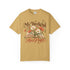 My Weekend Has Pages Comfort Colors tee in Mustard, front view with open book, colorful flowers and vintage-style lettering