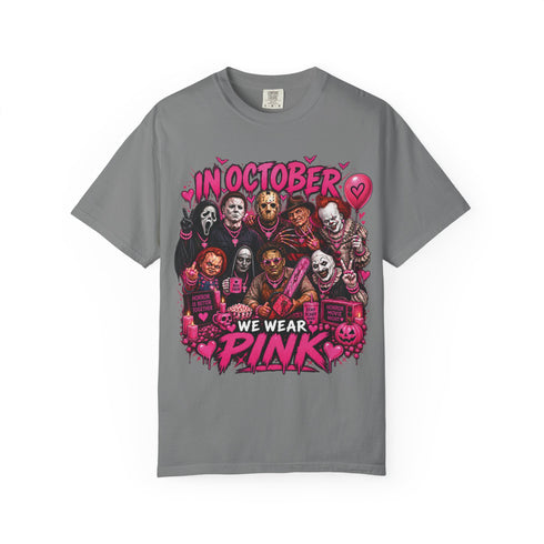 Grey In October We Wear Pink tee with a pink horror-character collage