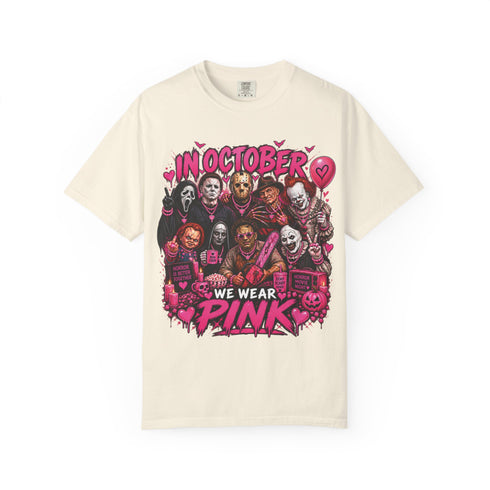Ivory Halloween tee showing In October We Wear Pink horror icons