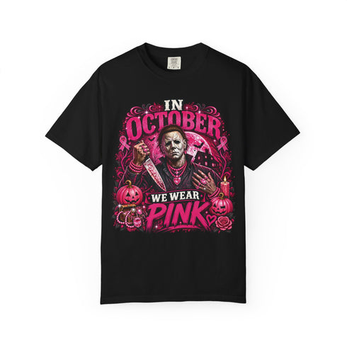Black Michael Myers In October We Wear Pink tee, front graphic view