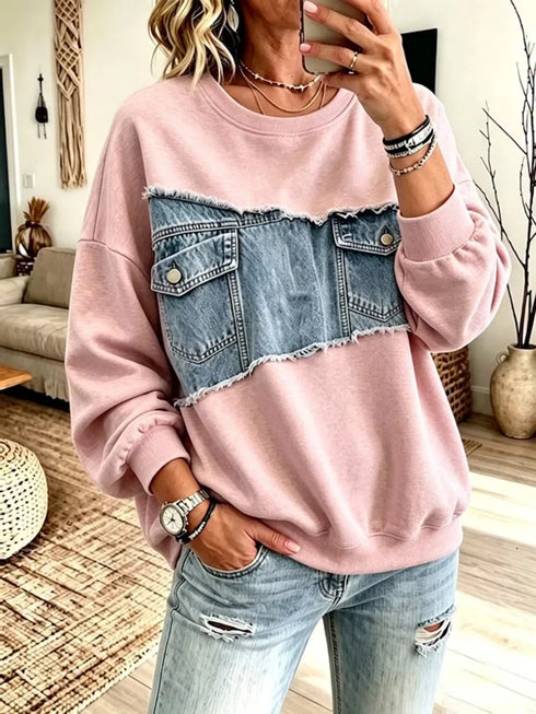 Plus Size Denim Patchwork Sweatshirt - Raw Hem Detail - Twice The Charm Boutique