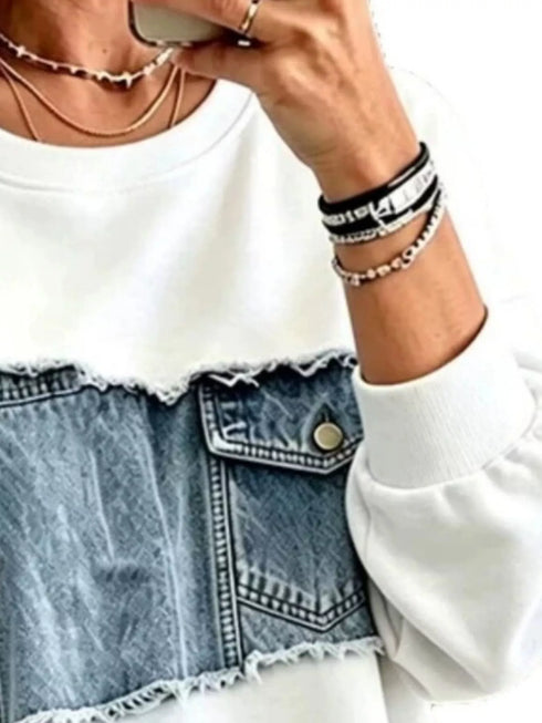 Plus Size Denim Patchwork Sweatshirt - Raw Hem Detail - Twice The Charm Boutique