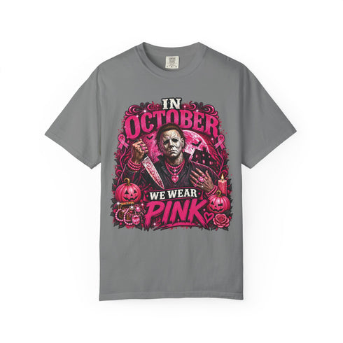 Grey Michael Myers In October We Wear Pink graphic T-shirt