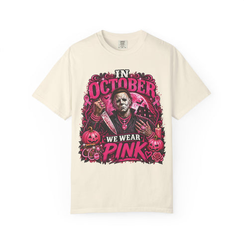 Ivory Michael Myers Halloween tee with pink ribbons and pumpkins
