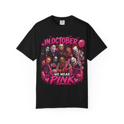 Black horror-icons Halloween tee with pink hearts and In October We Wear Pink text