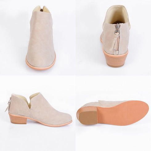 Beige ankle boot front, back, side and outsole views