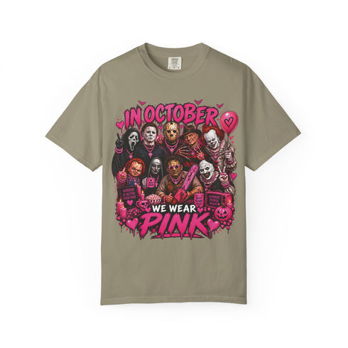 Sandstone horror-icons graphic tee with pink lettering and pumpkin details