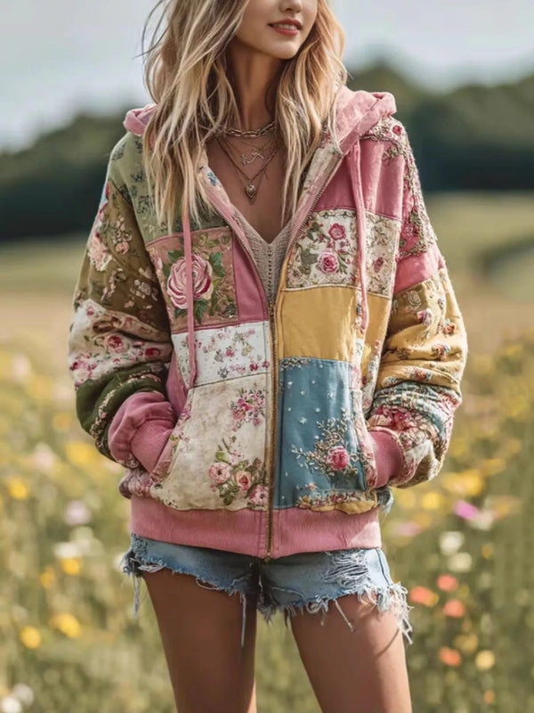 Dusty pink plus size floral zip up sweatshirt with pockets