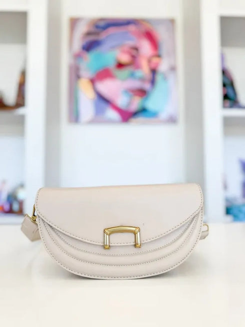 Beige Fame crescent crossbody purse, front view
