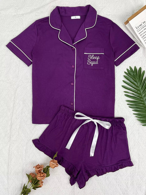 Button Down Pajama Set - Contrast Piping & Ruffle Shorts - Twice The Charm Boutique
