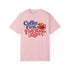 Coffee First Cute Things Later Comfort Colors tee in Blossom, front view with red coffee cup, navy and red lettering and gold-tone sparkles