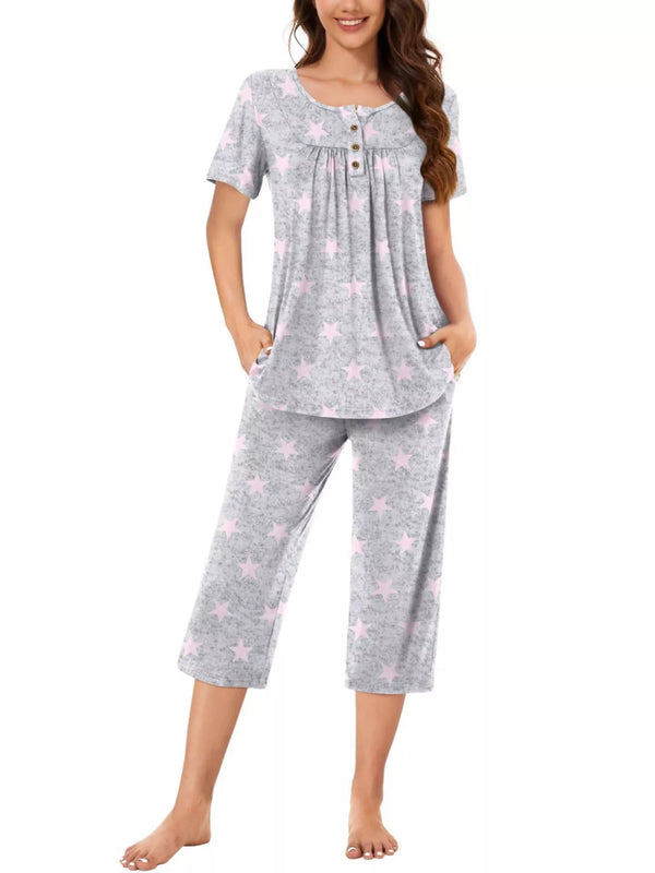 Printed Capri Pajama Set - Button Top & Cropped Pants - Twice The Charm Boutique