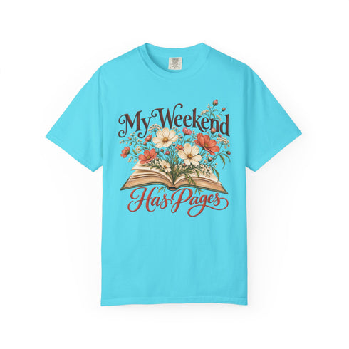 My Weekend Has Pages Comfort Colors tee in Lagoon, front view with open book, colorful flowers and vintage-style lettering