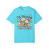 My Weekend Has Pages Comfort Colors tee in Lagoon, front view with open book, colorful flowers and vintage-style lettering