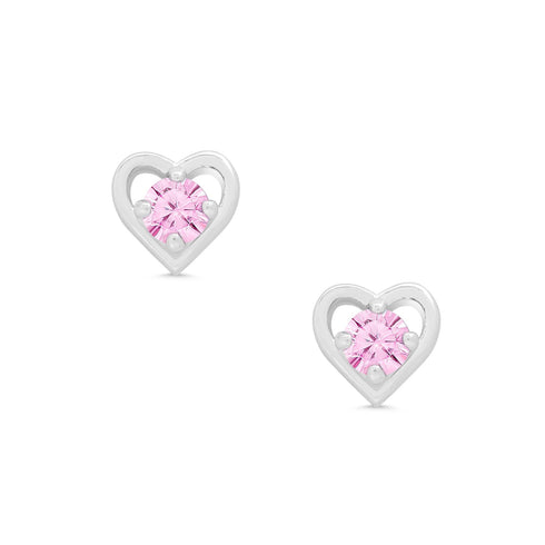 Pair of sterling-silver heart outline studs with pink cubic zirconia centers