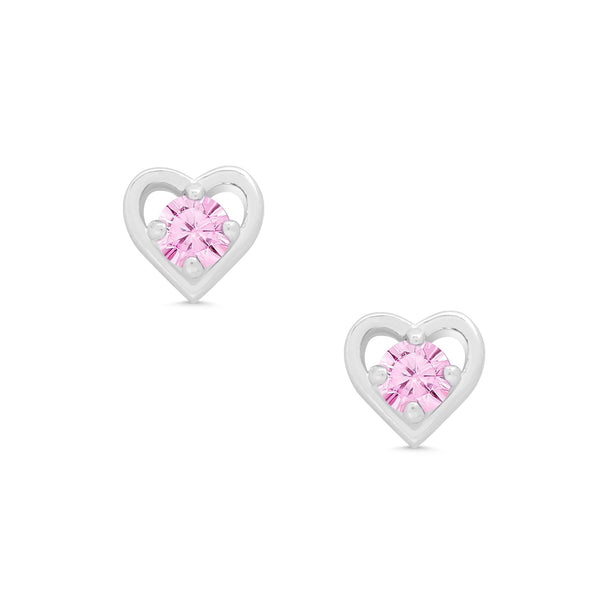 Pair of sterling-silver heart outline studs with pink cubic zirconia centers