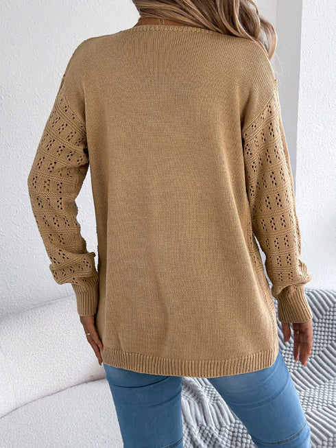 Khaki crochet-knit cardigan, back view showing the longer hem