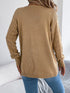 Khaki crochet-knit cardigan, back view showing the longer hem