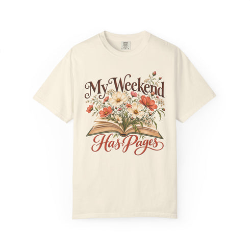My Weekend Has Pages Comfort Colors tee in Ivory, front view with open book, colorful flowers and vintage-style lettering