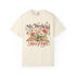 My Weekend Has Pages Comfort Colors tee in Ivory, front view with open book, colorful flowers and vintage-style lettering