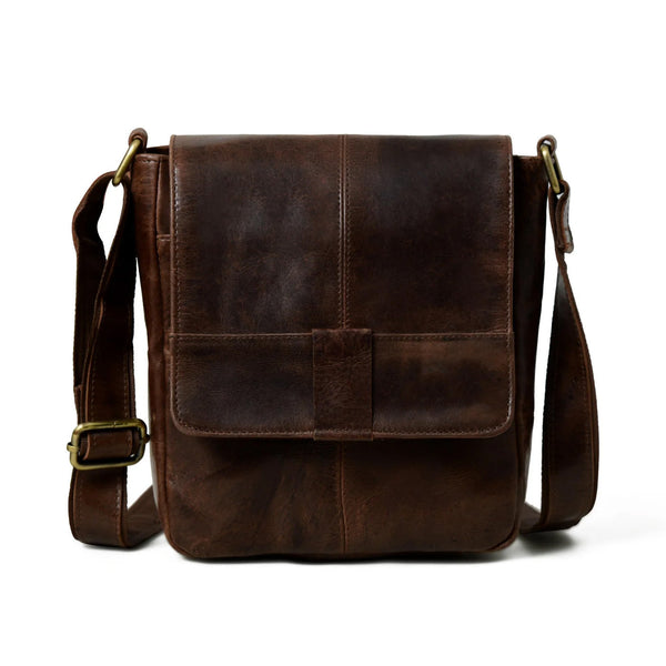 Brown buffalo-leather crossbody bag with flap and adjustable strap
