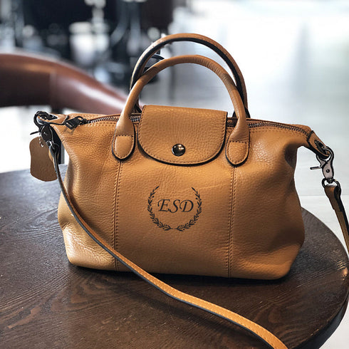 Brown RockCow TS923 top-handle leather bag with an ESD monogram example and detachable strap
