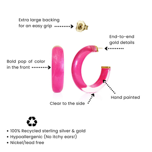 Diagram explaining the color-front, clear-side Illusion hoop design and butterfly backing