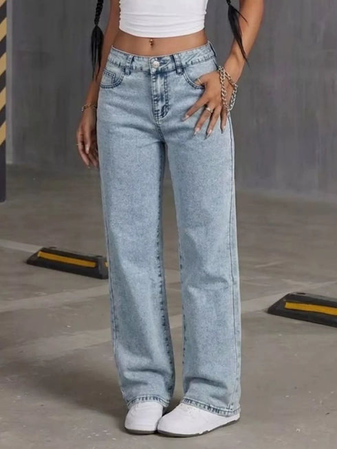 Light blue high-waisted acid wash jeans — product image 2