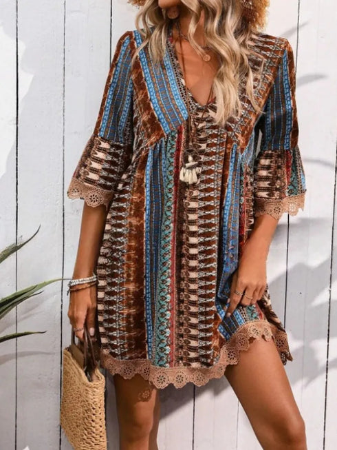 Lace Trim Printed V-Neck 3/4 Sleeve Dress - Twice The Charm Boutique