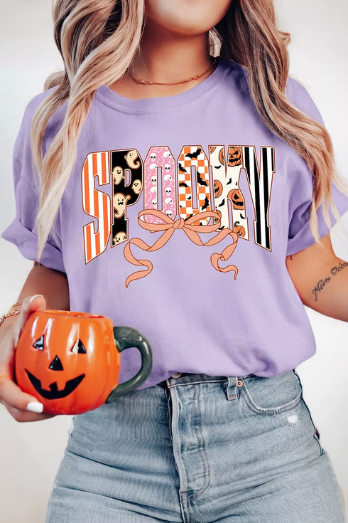 Women's Halloween Graphic Tee - Pink Purple Spooky Print - Twice The Charm Boutique