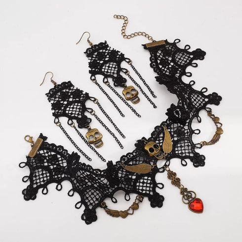 Halloween Skull Jewelry Set - Lace Necklace & Earrings - Twice The Charm Boutique