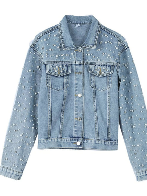 Light-blue embellished denim jacket displayed flat