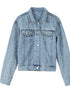 Light-blue embellished denim jacket displayed flat